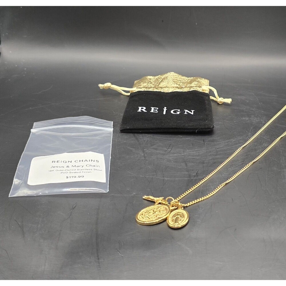 Reign Chains Jesus And Mary Chain 18 Gold Plated Stainless Steel Retail $119.99